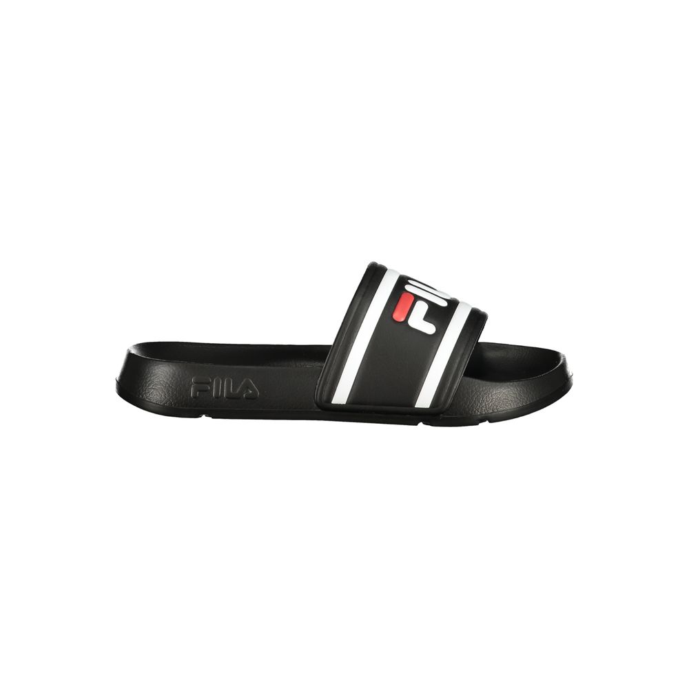 Black Fila polyurethane slide sandal with white and red branding stripes on the strap.
