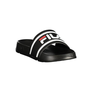 Black polyurethane Fila slide sandal for women featuring a white and red logo strap.