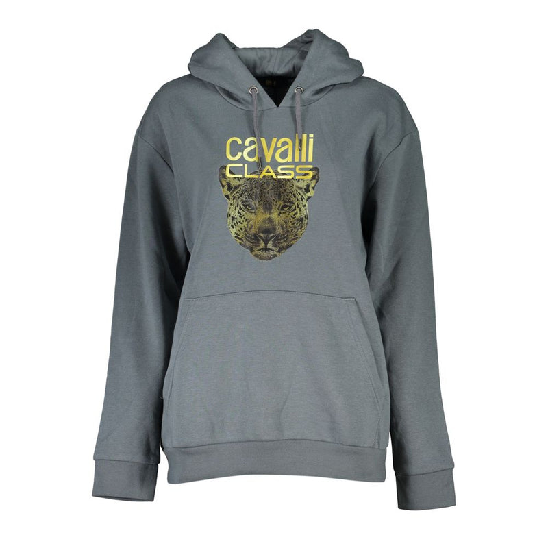 Grey polyester women's hooded sweatshirt with a gold leopard graphic and logo on the front