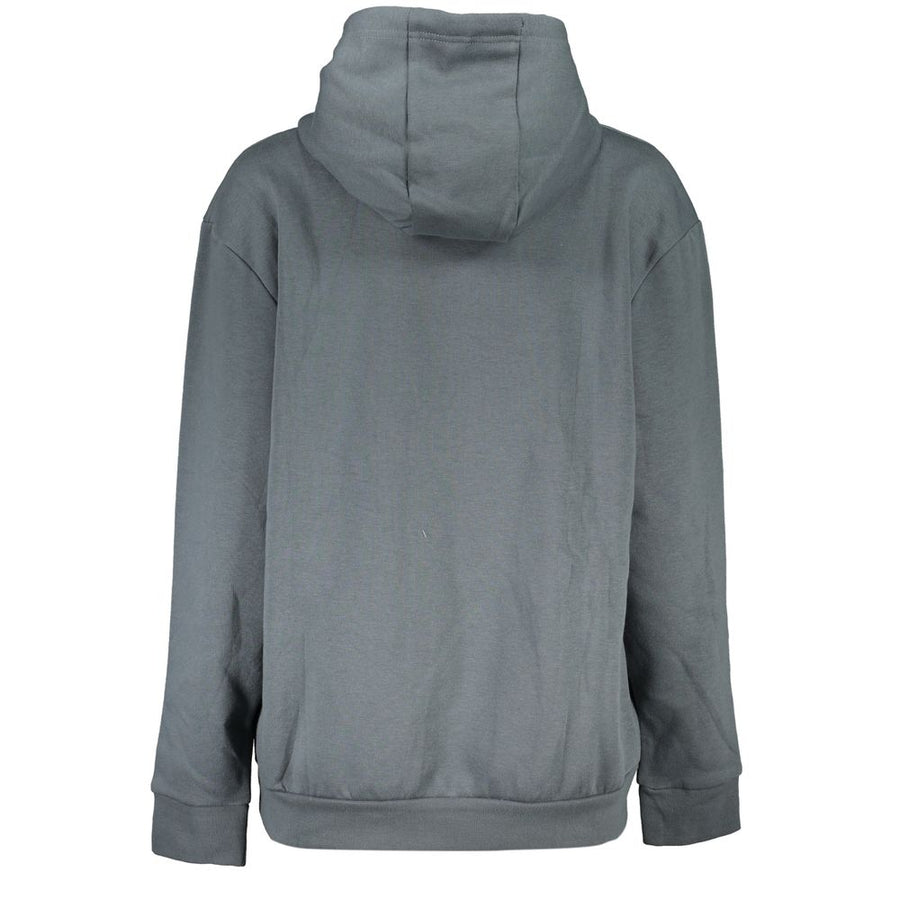Grey polyester women's hooded sweatshirt with a gold leopard graphic and logo on the front
