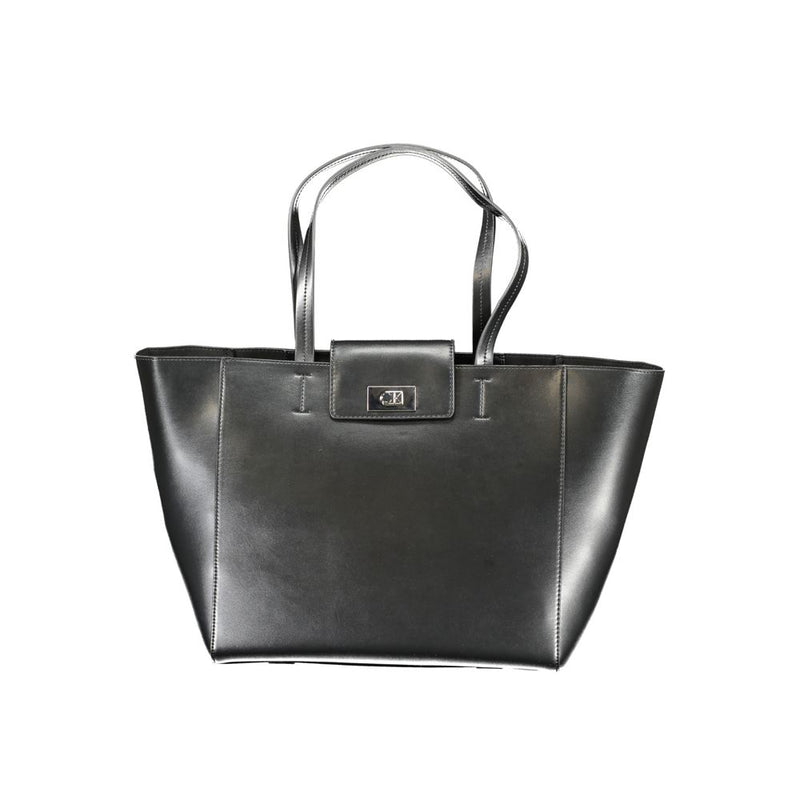 Black structured tote handbag with dual shoulder straps and a front metal clasp closure