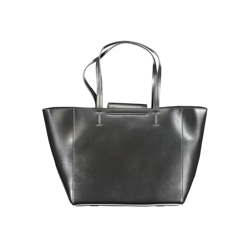 Black faux leather tote handbag with double handles