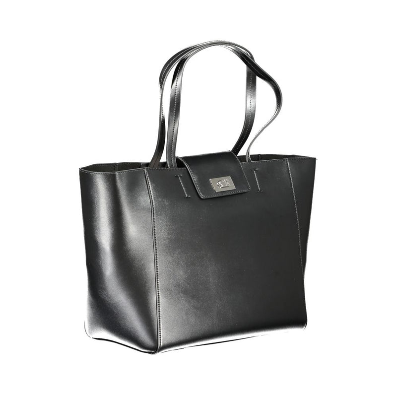 Black recycled polyester tote handbag with twin shoulder straps and a flap closure featuring a silver logo plaque