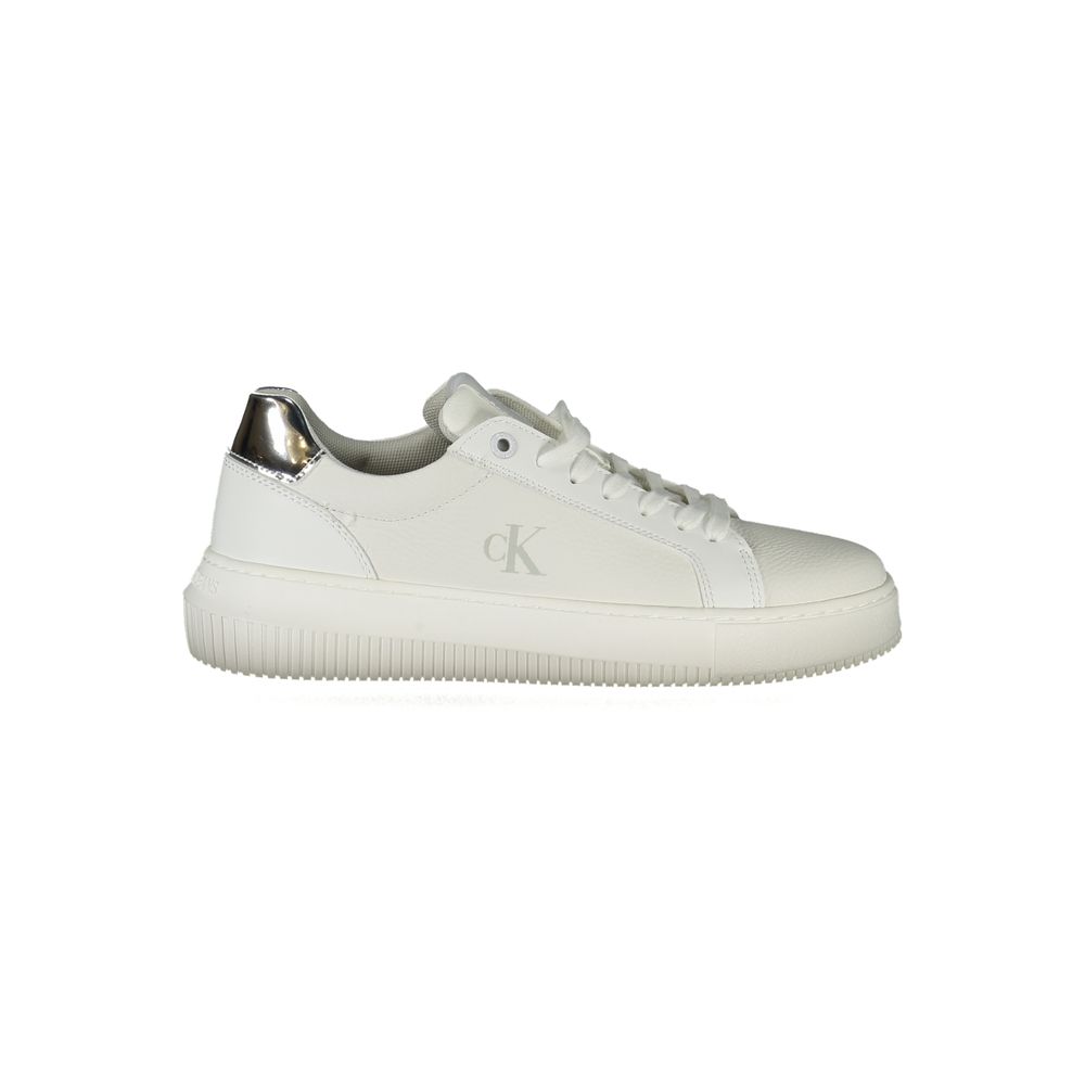 White Calvin Klein polyurethane women’s sneaker with silver heel accent and classic low-top design.