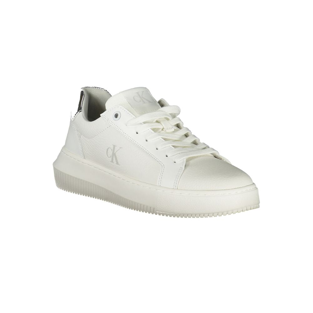 White Calvin Klein low-top sneaker in polyurethane with a chunky platform sole and metallic heel detail.