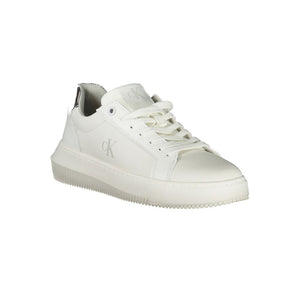 White Calvin Klein low-top sneaker in polyurethane with a chunky platform sole and metallic heel detail.