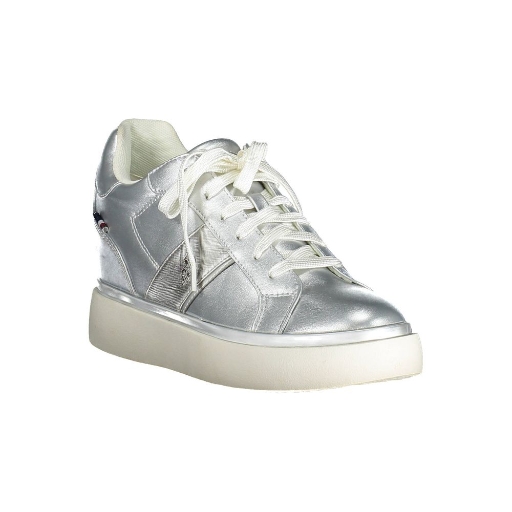 Metallic silver polyester women's platform sneaker with white laces and sole, featuring a USPA logo on the side.