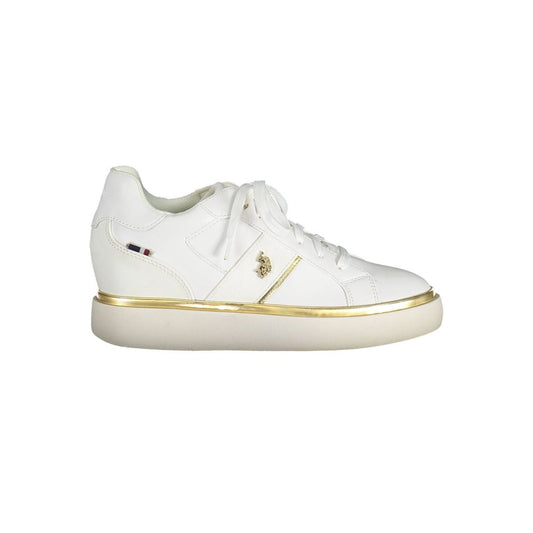 White U.S. Polo Assn. polyester women's sneaker with gold trim and logo detail on a thick platform sole.