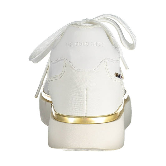 Back view of white U.S. POLO ASSN. polyester women's platform sneaker with gold trim and lace-up closure.