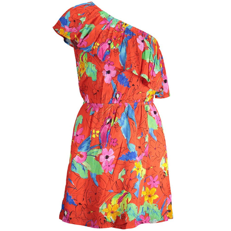 Red viscose one-shoulder short dress with colorful floral print and ruffle overlay