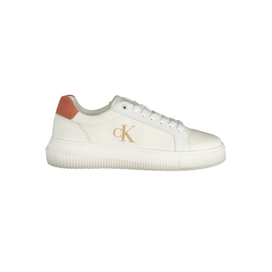 Calvin Klein white polyurethane women’s sneaker with a gold logo and coral heel detail in a classic low-top style.