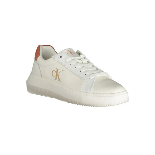 Calvin Klein white polyurethane women's lace-up sneaker with gold branding and a rust-colored heel tab.