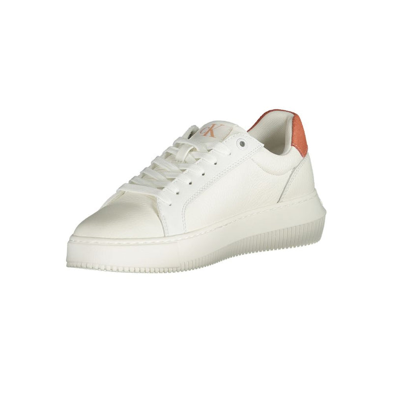 White Calvin Klein polyurethane sneakers with a minimalist lace-up style and a dusty rose-colored heel tab.