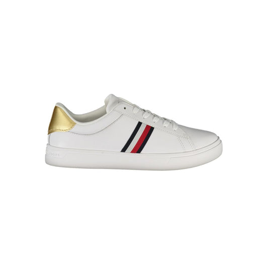 White polyurethane women's sneaker by Tommy Hilfiger, featuring a gold heel tab and classic side stripe detail.