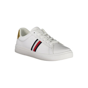 White Tommy Hilfiger polyurethane women's sneaker with signature tricolor side stripe and metallic gold heel tab.