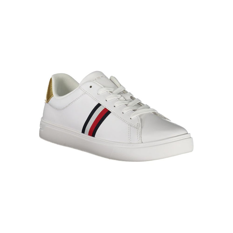 White Tommy Hilfiger polyurethane women's sneaker with signature tricolor side stripe and metallic gold heel tab.