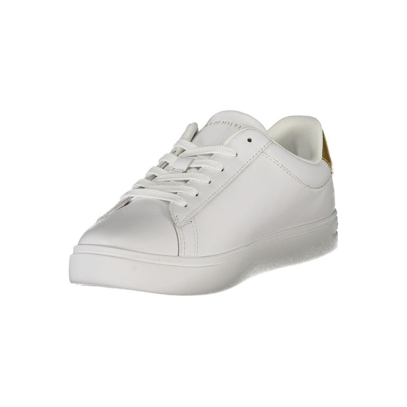 White Tommy Hilfiger polyurethane low-top sneakers for women with gold heel accent and white laces.