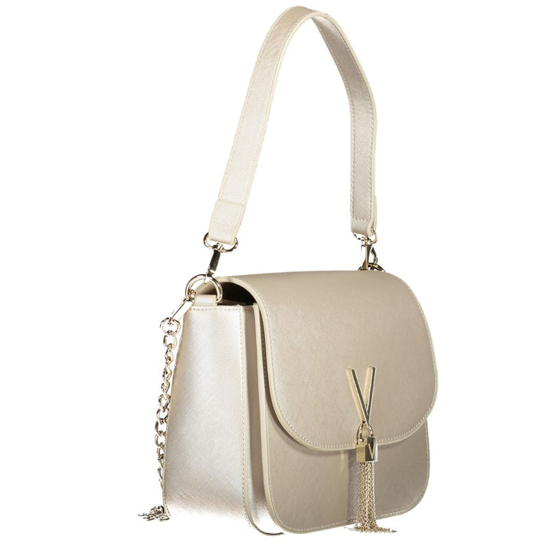 Grey polyurethane women's shoulder bag with a flap, top handle, and chain strap