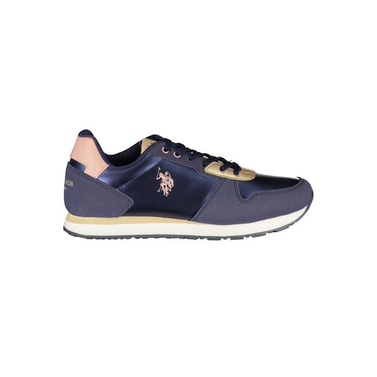 U.S. Polo Assn. blue polyurethane women's sneaker with gold accents, lace-up style, and rubber sole.