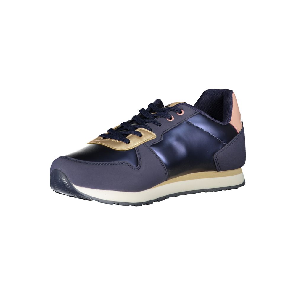 Blue polyurethane women's sneaker with metallic gold and navy panels, lace-up style, and a layered white-beige sole.