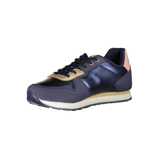 Blue polyurethane women's sneaker with metallic gold and navy panels, lace-up style, and a layered white-beige sole.