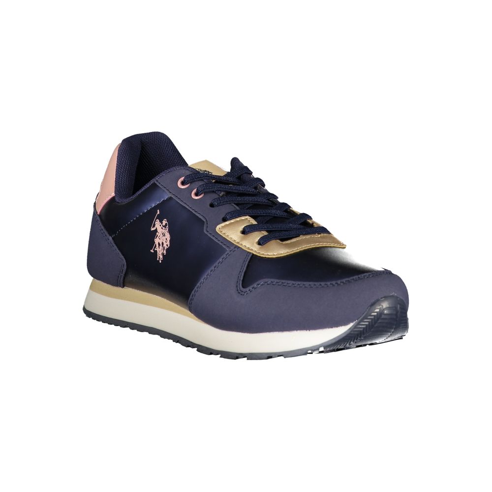 U.S. POLO ASSN. blue polyurethane women's lace-up sneaker with metallic gold accents and pink logo embroidery.