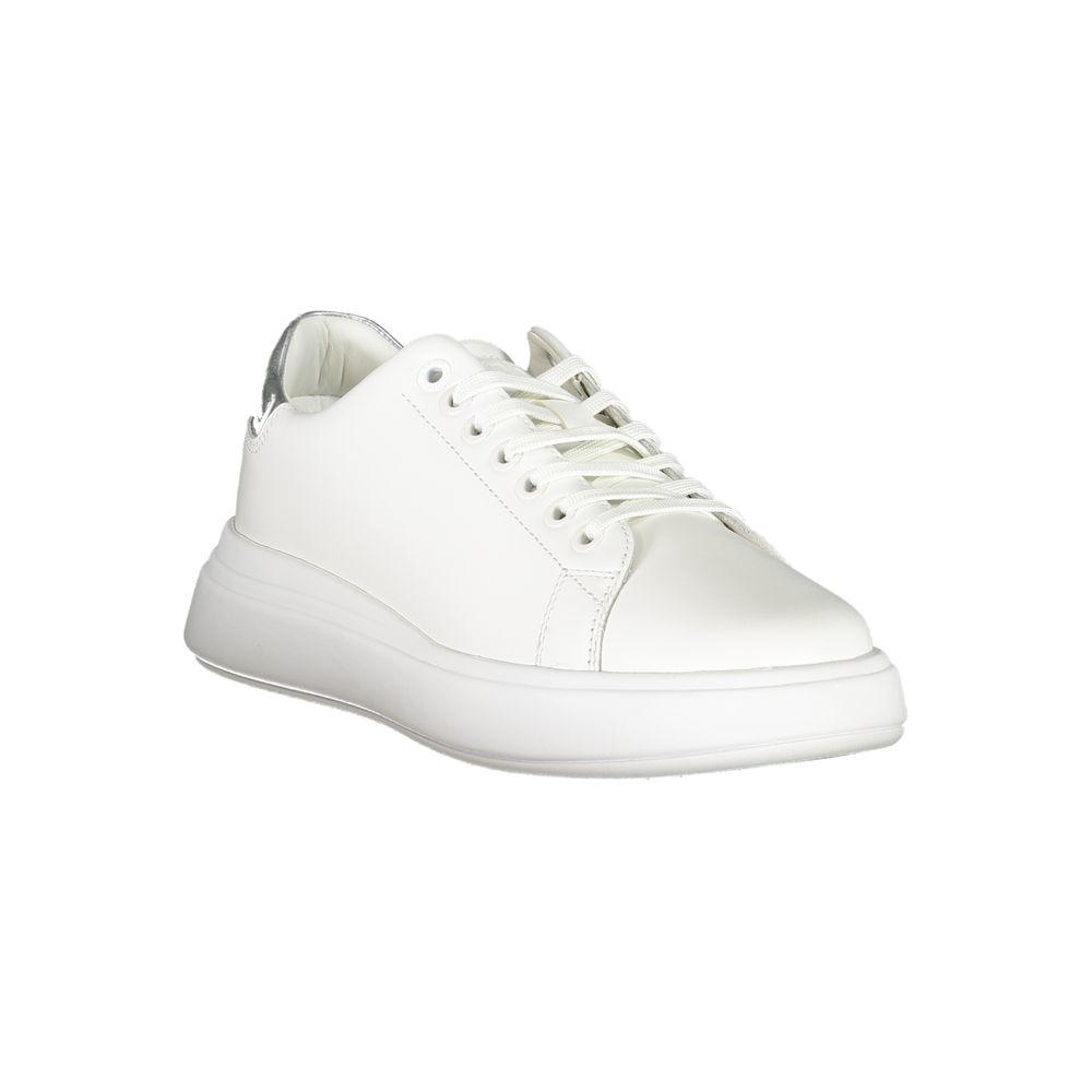 Calvin Klein white leather sneaker with a chunky platform sole and metallic silver heel tab detail.