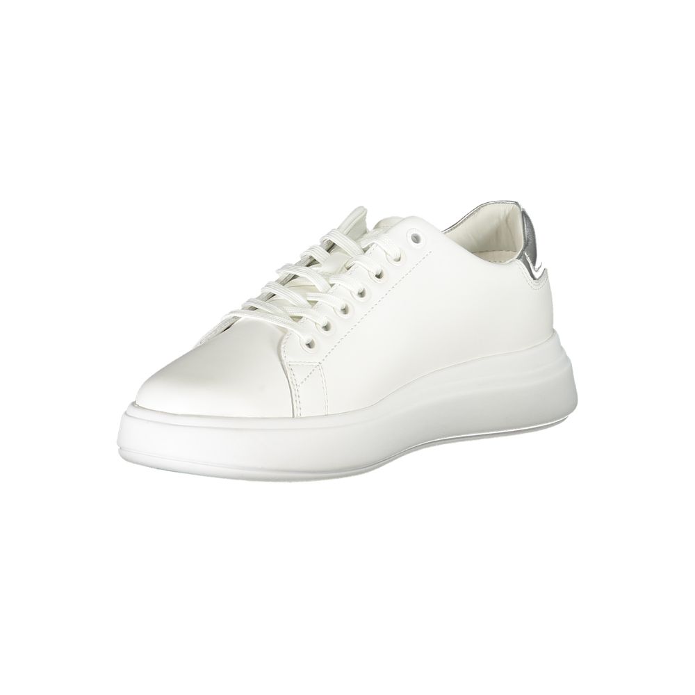 Calvin Klein Bianco white leather lace-up sneaker with a chunky sole and metallic silver heel accent.
