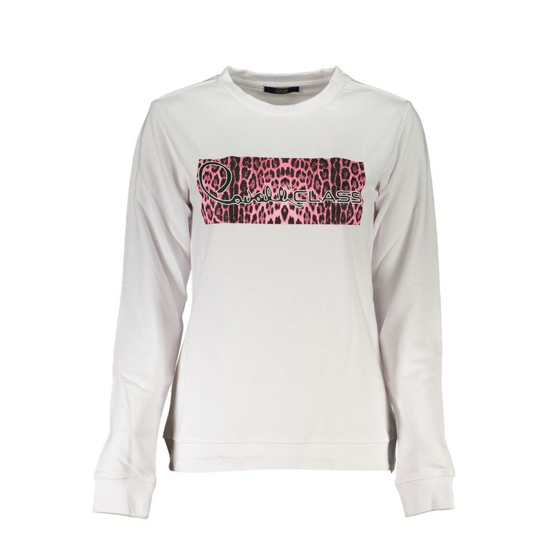 White cotton women's crewneck sweatshirt with a pink leopard print logo chest graphic