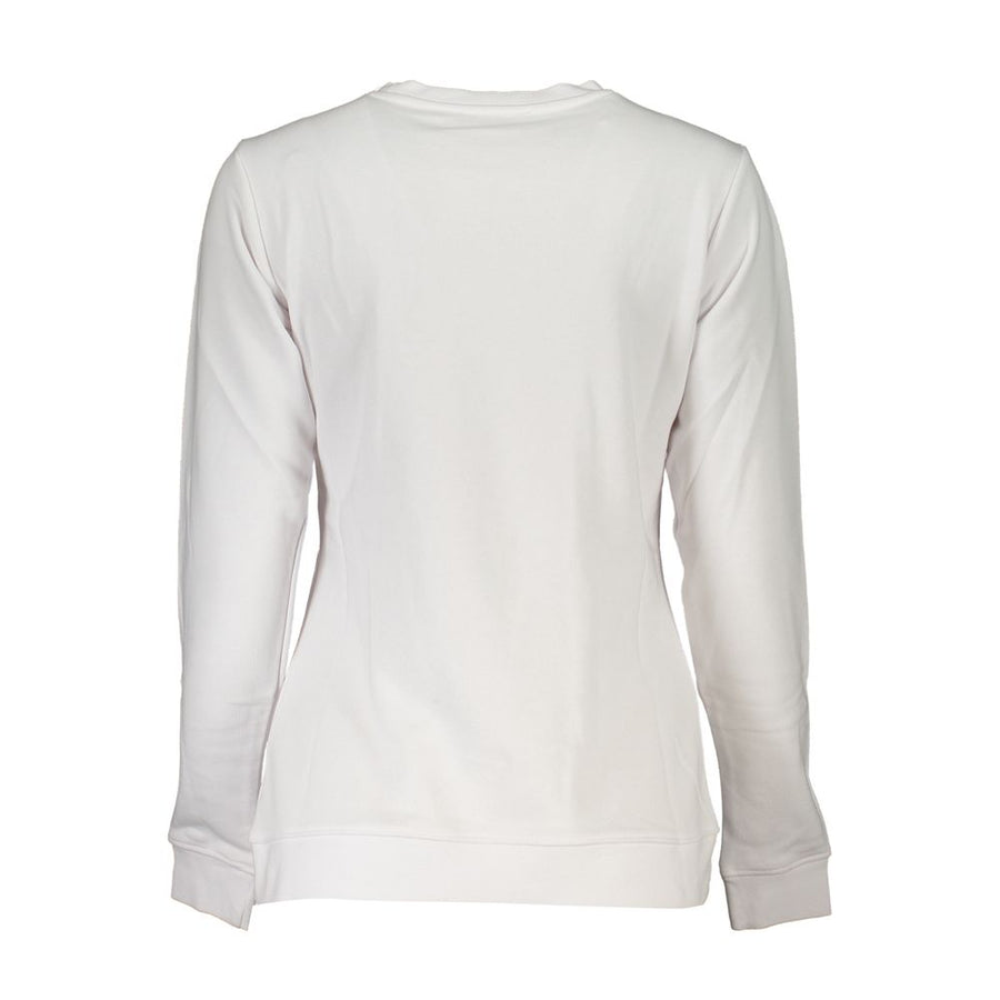 White cotton women's crewneck sweatshirt with a pink leopard print logo chest graphic