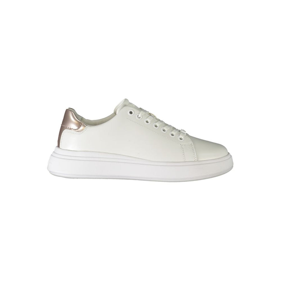 Calvin Klein white leather women's low-top sneaker with a metallic rose gold heel tab and chunky white sole.
