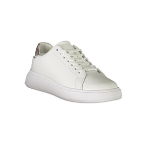 Calvin Klein women’s white leather sneaker with lace-up closure and metallic heel detail.