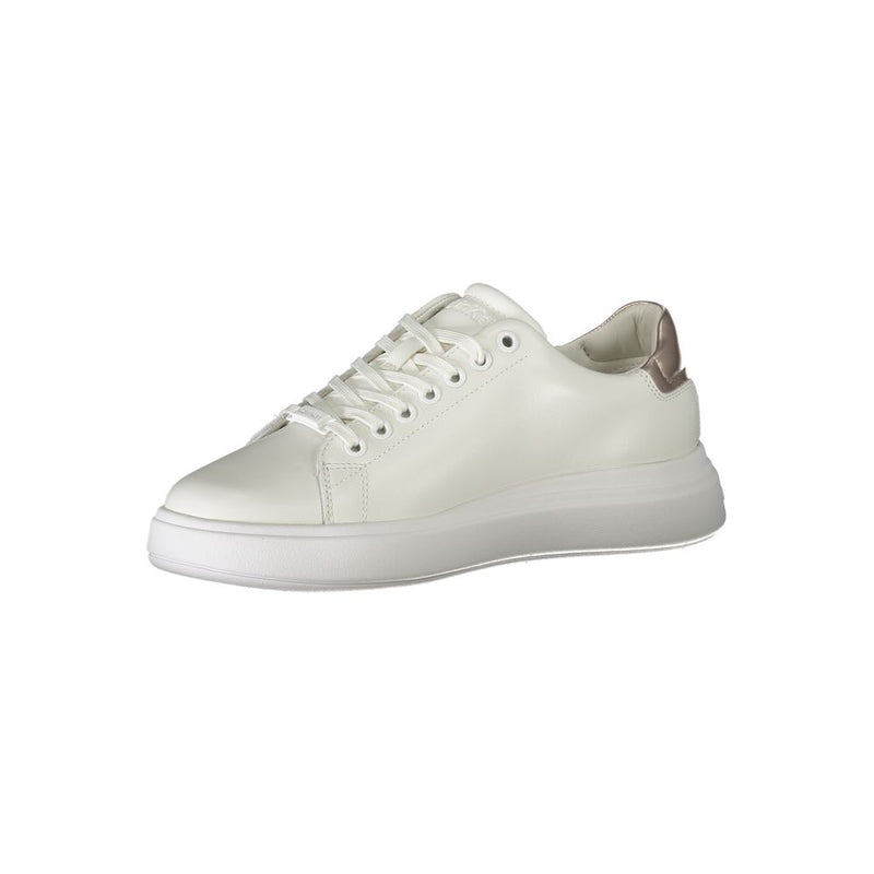 Calvin Klein women's white leather low-top sneaker with a metallic heel detail and thick white rubber sole.