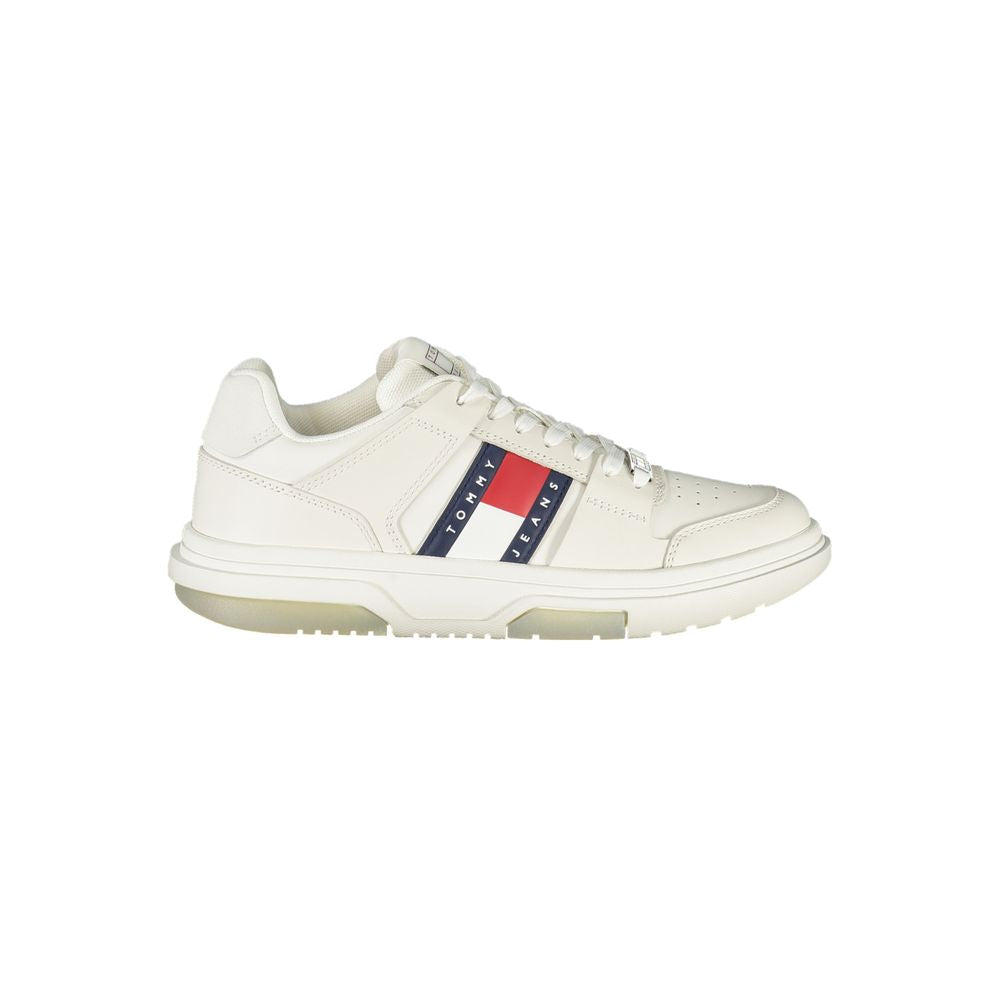 White polyurethane women's lace-up sneaker with Tommy Jeans logo side stripe and a chunky translucent sole.