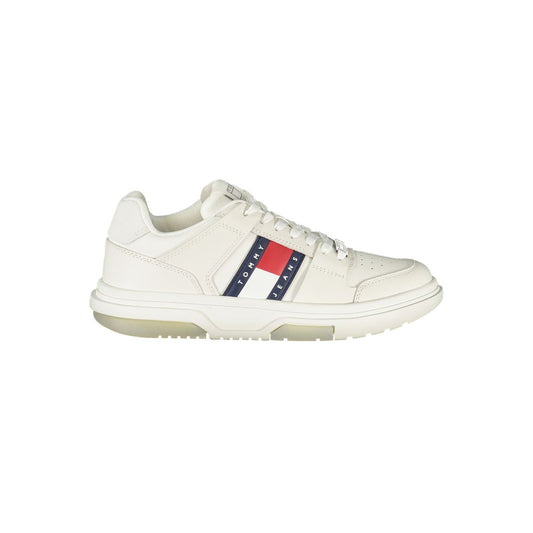 White polyurethane Tommy Jeans women's sneaker with lace-up closure and side branding.