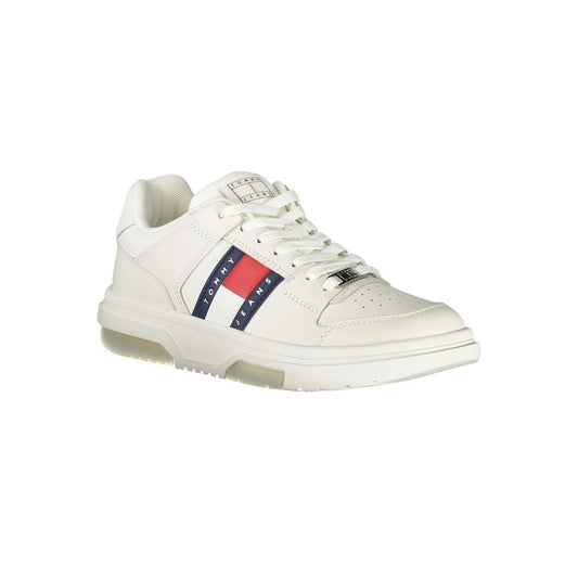White Tommy Hilfiger polyurethane sneaker with a casual low-top style and side brand logo detailing.