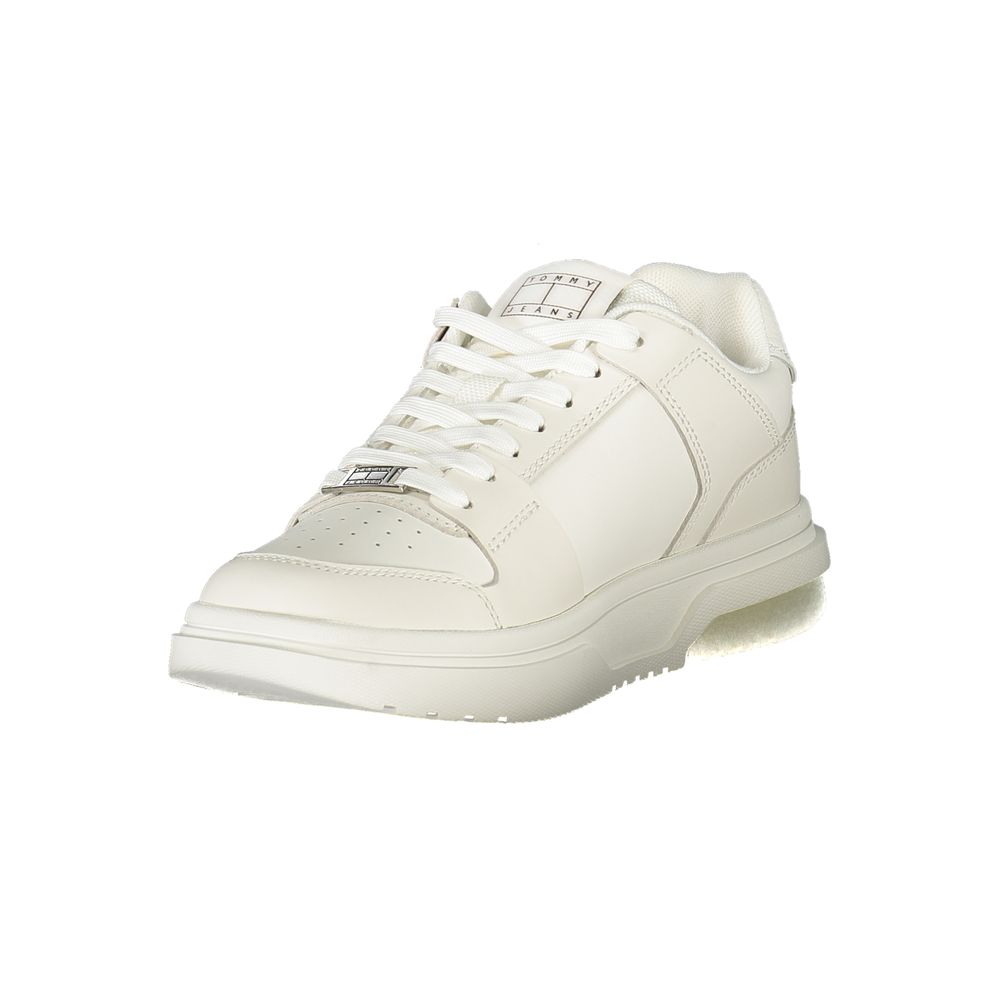 Tommy Hilfiger white polyurethane low-top women's sneaker with perforated toe and lace-up closure.