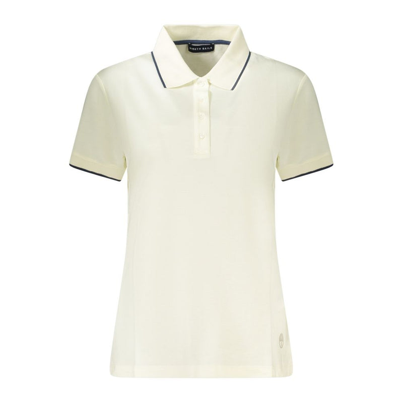 White modal women's short-sleeve polo shirt with dark piping on the collar and cuffs