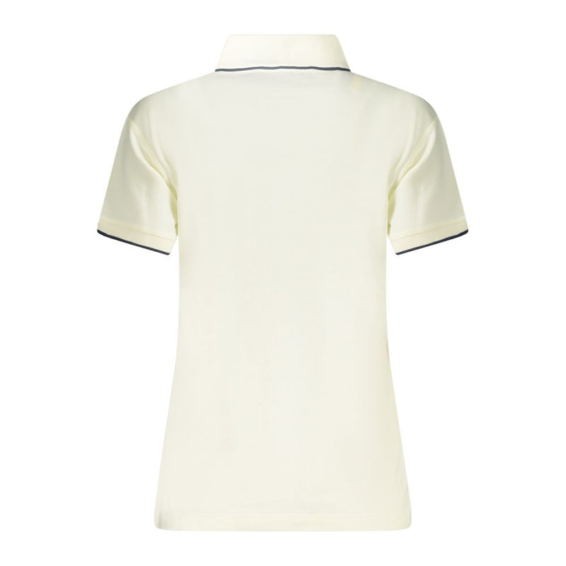 Back view of a white modal women's short-sleeve polo shirt with dark trim on the collar and cuffs