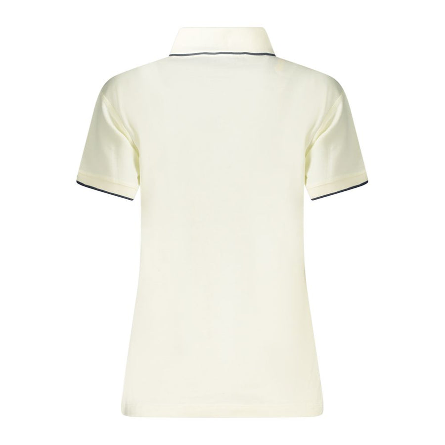 White modal women's short-sleeve polo shirt with dark piping on the collar and cuffs