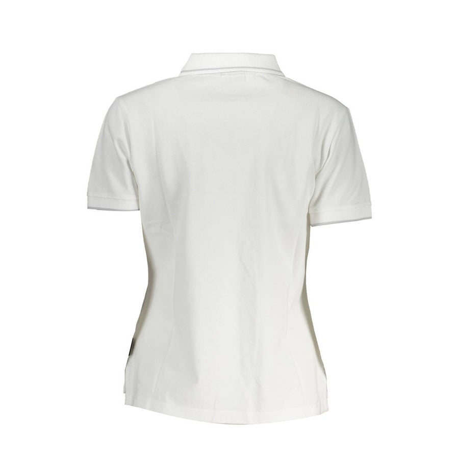 White cotton short-sleeve women's polo shirt with a buttoned collar
