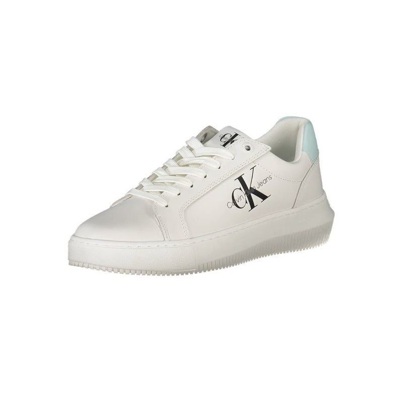 White Calvin Klein leather sneaker with light blue heel detail and side logo branding.