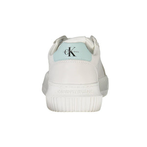 Back view of a white Calvin Klein leather sneaker with a light blue heel tab and embossed logo on the sole.