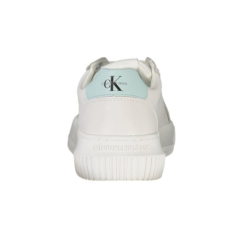 Back view of a white Calvin Klein leather sneaker with a light blue heel tab and embossed logo on the sole.