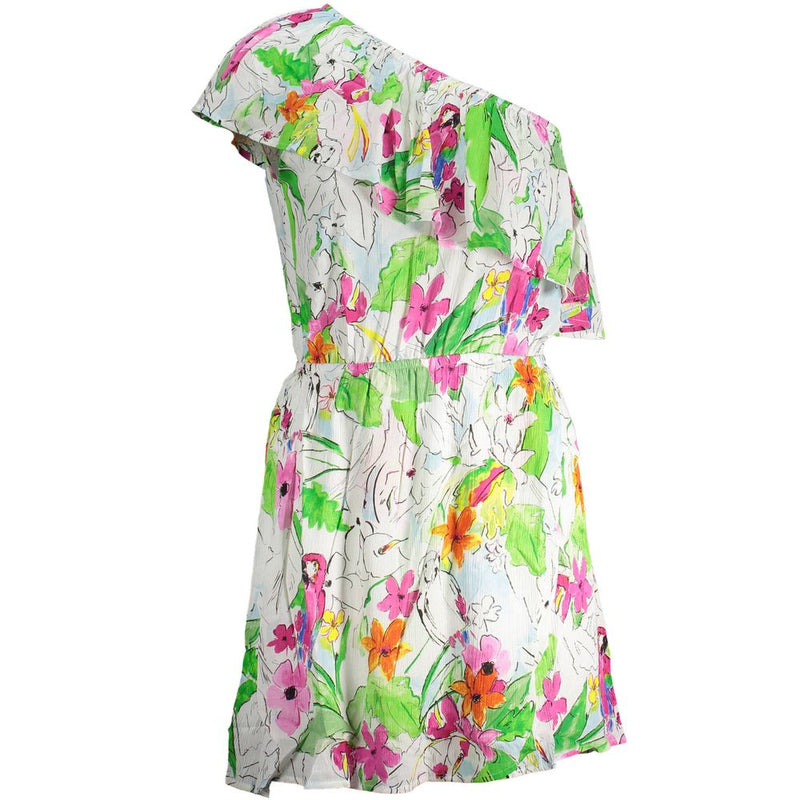 Colorful floral print viscose one shoulder dress with ruffle overlay