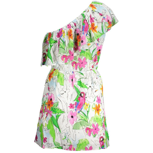 White viscose one-shoulder mini dress with colorful tropical floral and parrot print and ruffle trim