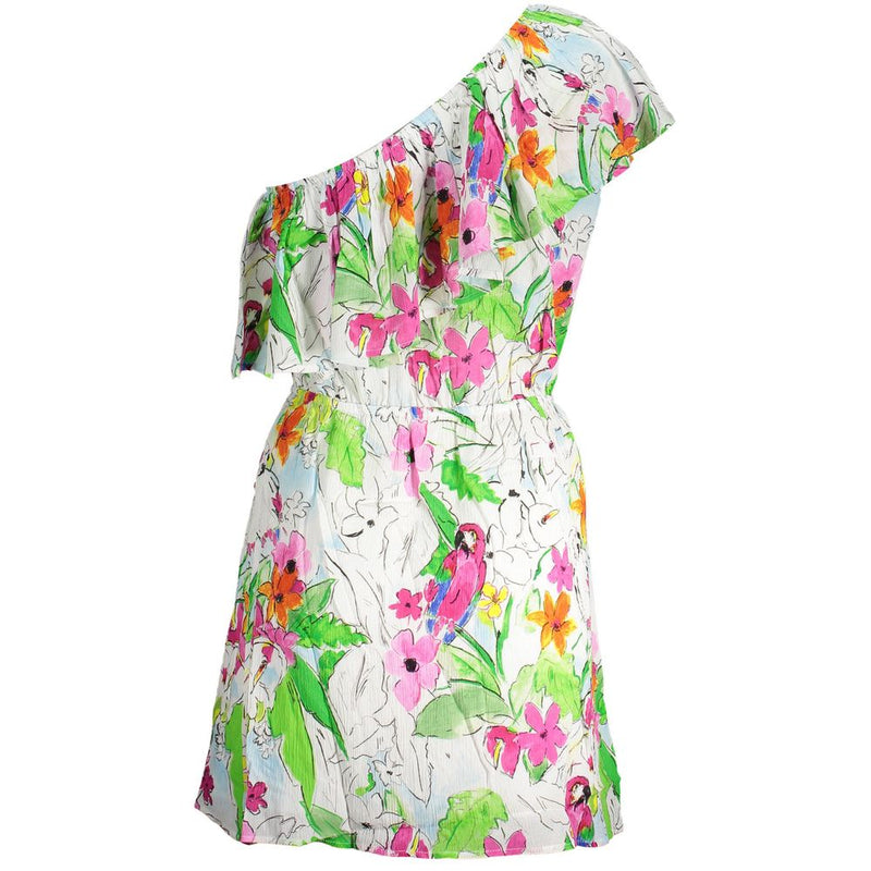 White viscose one-shoulder mini dress with colorful tropical floral and parrot print and ruffle trim