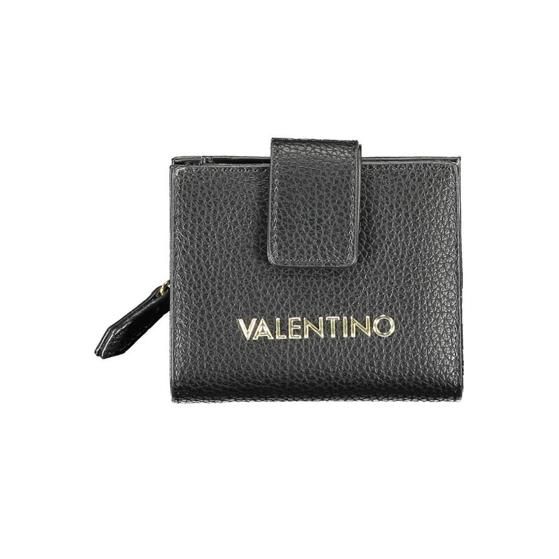 Black polyurethane women's bifold wallet with a snap closure and gold logo