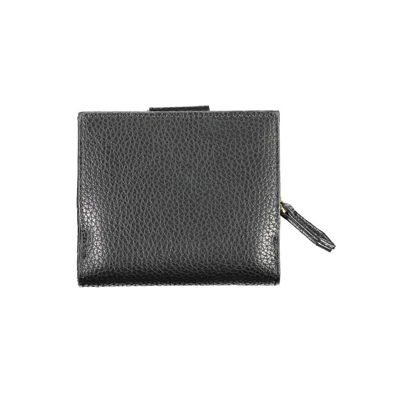 Black textured polyurethane foldover wallet with zipper pull