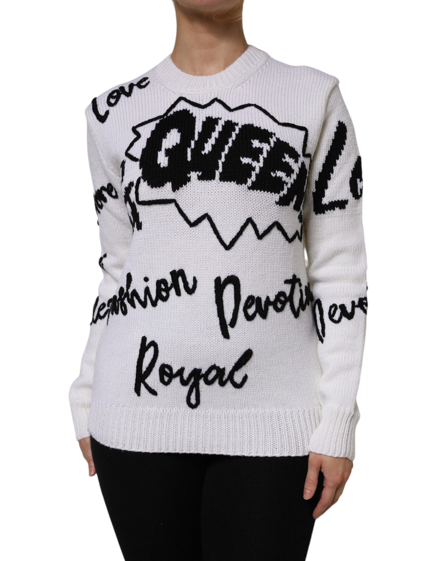 White wool knit crew neck pullover sweater with black text graphics